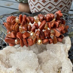 Handmade Goldstone & Crystal Memory Wire Bracelet